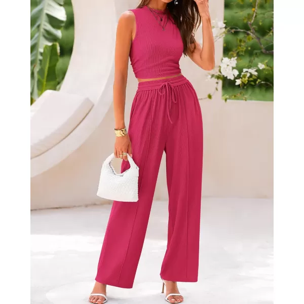 BTFBM Women Summer 2 Piece Outfits Ribbed Knit Crew Neck Sleeveless Cropped Top Elastic Waist Wide Leg Pants Lounge SetSolid Rose Red