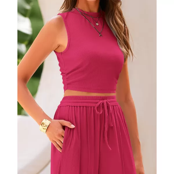 BTFBM Women Summer 2 Piece Outfits Ribbed Knit Crew Neck Sleeveless Cropped Top Elastic Waist Wide Leg Pants Lounge SetSolid Rose Red