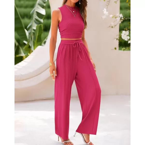 BTFBM Women Summer 2 Piece Outfits Ribbed Knit Crew Neck Sleeveless Cropped Top Elastic Waist Wide Leg Pants Lounge SetSolid Rose Red