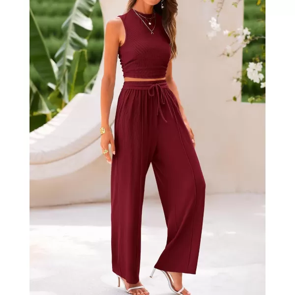 BTFBM Women Summer 2 Piece Outfits Ribbed Knit Crew Neck Sleeveless Cropped Top Elastic Waist Wide Leg Pants Lounge SetSolid Wine Red