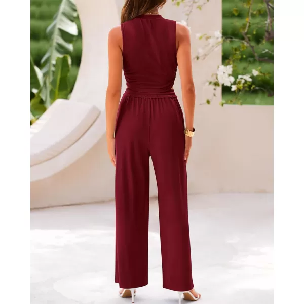 BTFBM Women Summer 2 Piece Outfits Ribbed Knit Crew Neck Sleeveless Cropped Top Elastic Waist Wide Leg Pants Lounge SetSolid Wine Red
