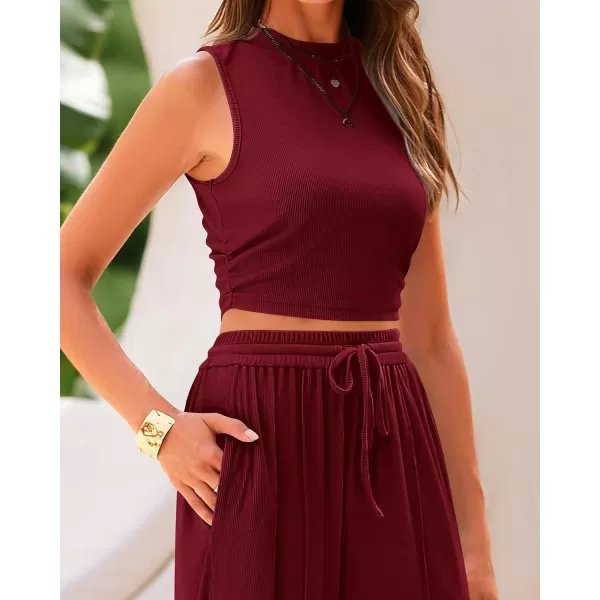 BTFBM Women Summer 2 Piece Outfits Ribbed Knit Crew Neck Sleeveless Cropped Top Elastic Waist Wide Leg Pants Lounge SetSolid Wine Red