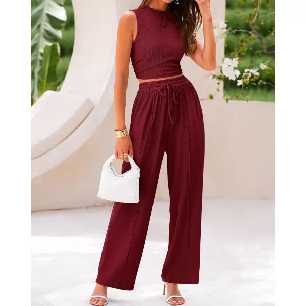 BTFBM Women Summer 2 Piece Outfits Ribbed Knit Crew Neck Sleeveless Cropped Top Elastic Waist Wide Leg Pants Lounge SetSolid Wine Red