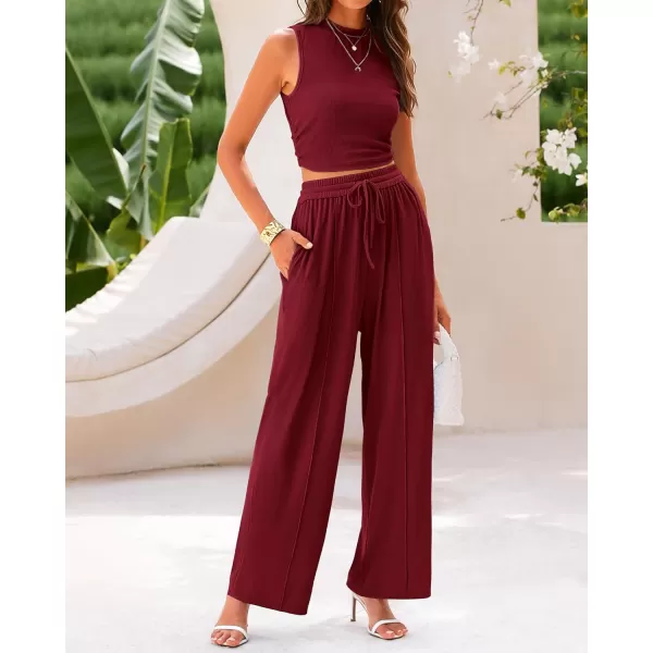 BTFBM Women Summer 2 Piece Outfits Ribbed Knit Crew Neck Sleeveless Cropped Top Elastic Waist Wide Leg Pants Lounge SetSolid Wine Red