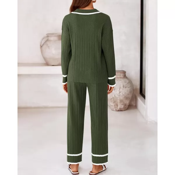 BTFBM Womens 2 Piece Outfits Fall Winter 2024 Long Sleeve V Neck Sweater and Wide Leg Pants Lounge Sets Knit TracksuitsSolid Army Green