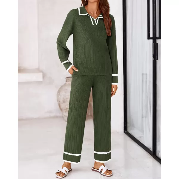 BTFBM Womens 2 Piece Outfits Fall Winter 2024 Long Sleeve V Neck Sweater and Wide Leg Pants Lounge Sets Knit TracksuitsSolid Army Green