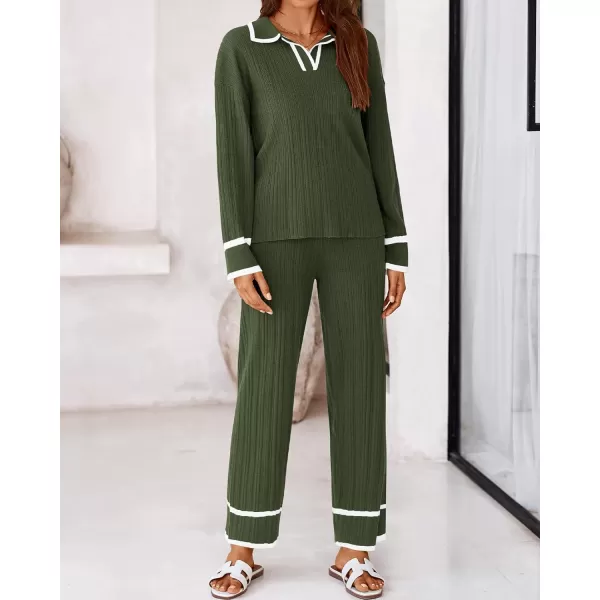 BTFBM Womens 2 Piece Outfits Fall Winter 2024 Long Sleeve V Neck Sweater and Wide Leg Pants Lounge Sets Knit TracksuitsSolid Army Green