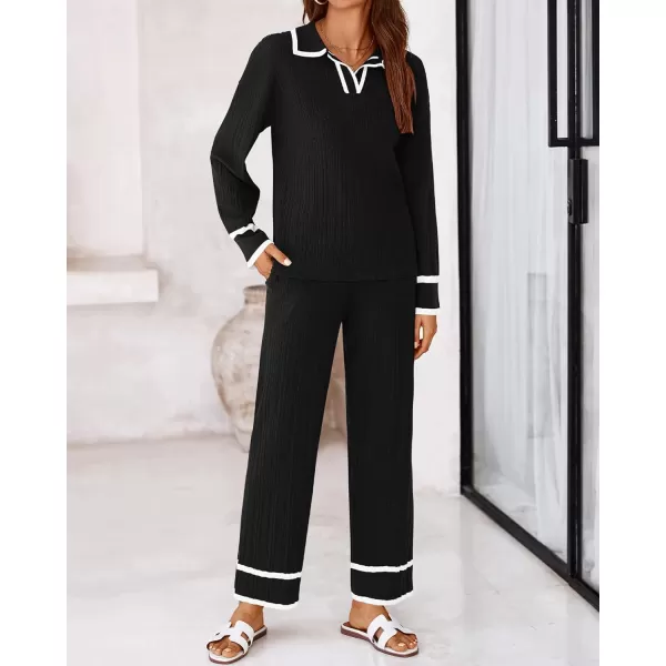 BTFBM Womens 2 Piece Outfits Fall Winter 2024 Long Sleeve V Neck Sweater and Wide Leg Pants Lounge Sets Knit TracksuitsSolid Black