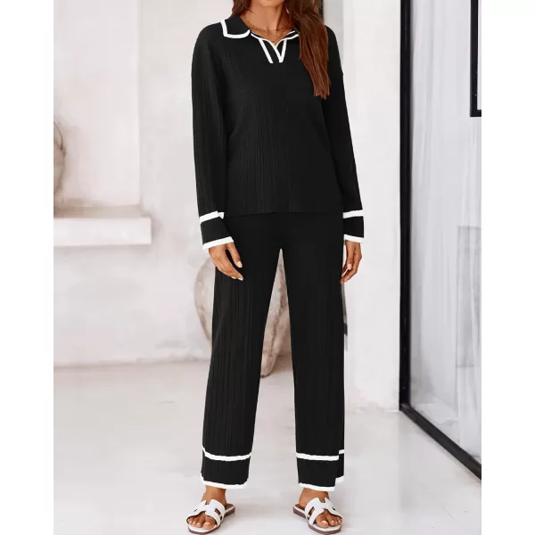 BTFBM Womens 2 Piece Outfits Fall Winter 2024 Long Sleeve V Neck Sweater and Wide Leg Pants Lounge Sets Knit TracksuitsSolid Black