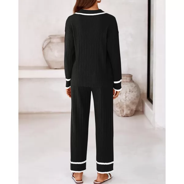 BTFBM Womens 2 Piece Outfits Fall Winter 2024 Long Sleeve V Neck Sweater and Wide Leg Pants Lounge Sets Knit TracksuitsSolid Black