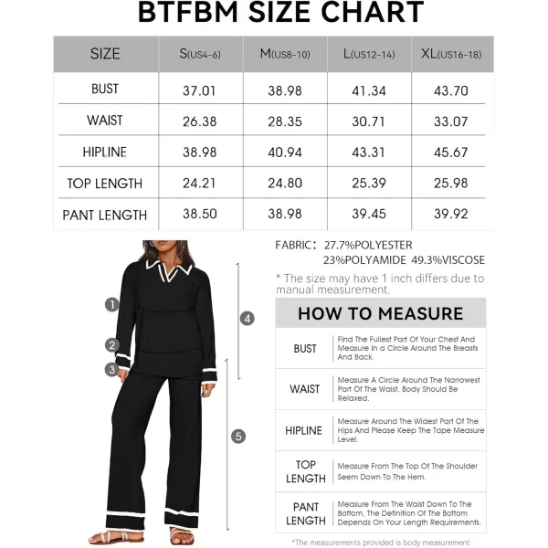 BTFBM Womens 2 Piece Outfits Fall Winter 2024 Long Sleeve V Neck Sweater and Wide Leg Pants Lounge Sets Knit TracksuitsSolid Black