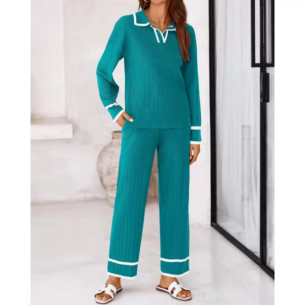 BTFBM Womens 2 Piece Outfits Fall Winter 2024 Long Sleeve V Neck Sweater and Wide Leg Pants Lounge Sets Knit TracksuitsSolid Blue Green