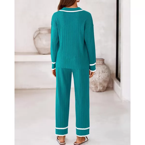 BTFBM Womens 2 Piece Outfits Fall Winter 2024 Long Sleeve V Neck Sweater and Wide Leg Pants Lounge Sets Knit TracksuitsSolid Blue Green