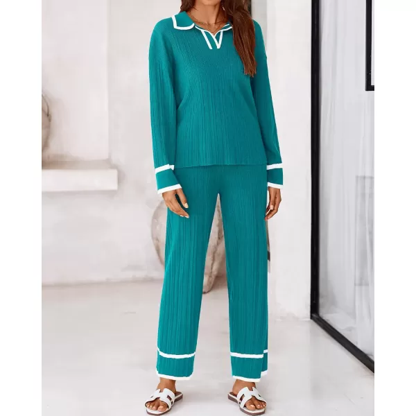 BTFBM Womens 2 Piece Outfits Fall Winter 2024 Long Sleeve V Neck Sweater and Wide Leg Pants Lounge Sets Knit TracksuitsSolid Blue Green