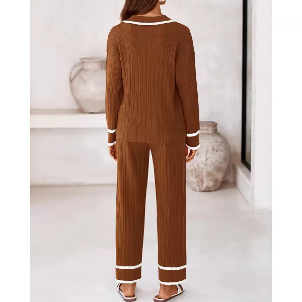 BTFBM Womens 2 Piece Outfits Fall Winter 2024 Long Sleeve V Neck Sweater and Wide Leg Pants Lounge Sets Knit TracksuitsSolid Caramel