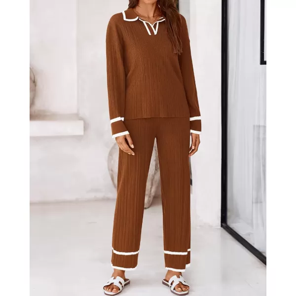 BTFBM Womens 2 Piece Outfits Fall Winter 2024 Long Sleeve V Neck Sweater and Wide Leg Pants Lounge Sets Knit TracksuitsSolid Caramel
