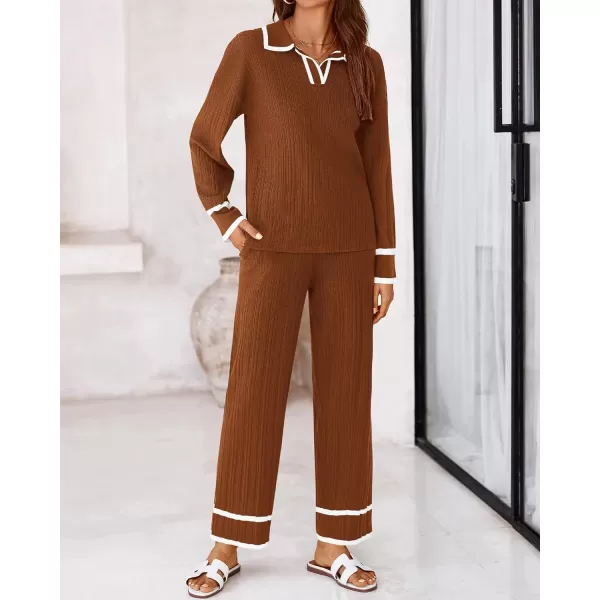 BTFBM Womens 2 Piece Outfits Fall Winter 2024 Long Sleeve V Neck Sweater and Wide Leg Pants Lounge Sets Knit TracksuitsSolid Caramel