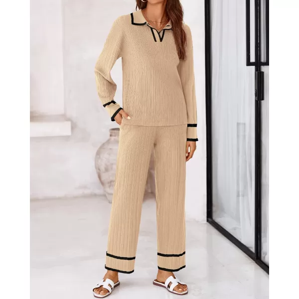 BTFBM Womens 2 Piece Outfits Fall Winter 2024 Long Sleeve V Neck Sweater and Wide Leg Pants Lounge Sets Knit TracksuitsSolid Khaki