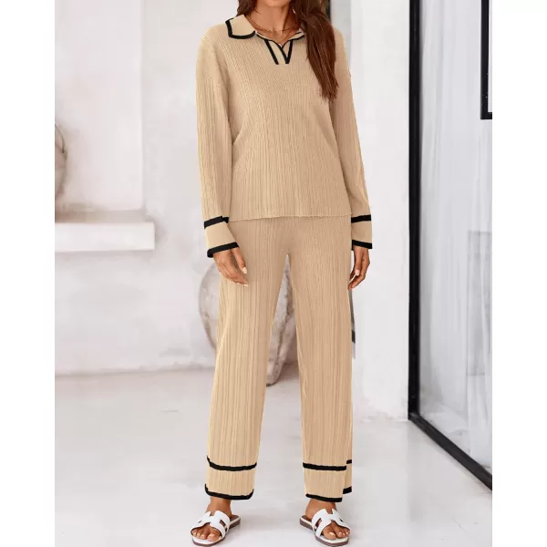 BTFBM Womens 2 Piece Outfits Fall Winter 2024 Long Sleeve V Neck Sweater and Wide Leg Pants Lounge Sets Knit TracksuitsSolid Khaki