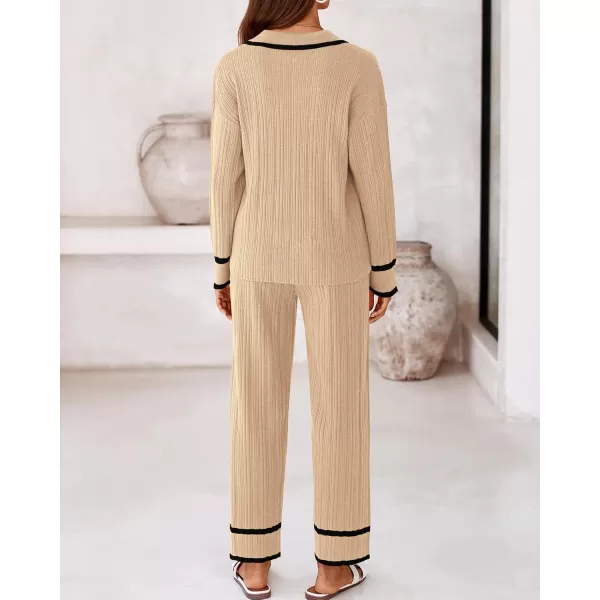 BTFBM Womens 2 Piece Outfits Fall Winter 2024 Long Sleeve V Neck Sweater and Wide Leg Pants Lounge Sets Knit TracksuitsSolid Khaki