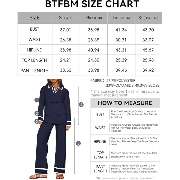 BTFBM Womens 2 Piece Outfits Fall Winter 2024 Long Sleeve V Neck Sweater and Wide Leg Pants Lounge Sets Knit TracksuitsSolid Navy