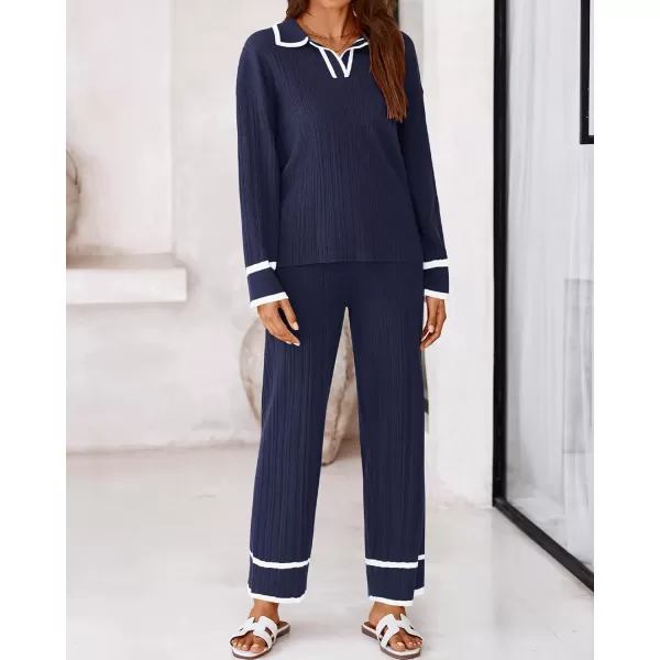 BTFBM Womens 2 Piece Outfits Fall Winter 2024 Long Sleeve V Neck Sweater and Wide Leg Pants Lounge Sets Knit TracksuitsSolid Navy