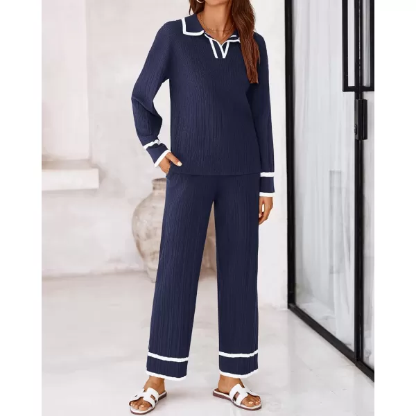 BTFBM Womens 2 Piece Outfits Fall Winter 2024 Long Sleeve V Neck Sweater and Wide Leg Pants Lounge Sets Knit TracksuitsSolid Navy