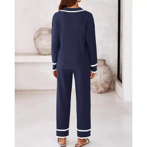 BTFBM Womens 2 Piece Outfits Fall Winter 2024 Long Sleeve V Neck Sweater and Wide Leg Pants Lounge Sets Knit TracksuitsSolid Navy