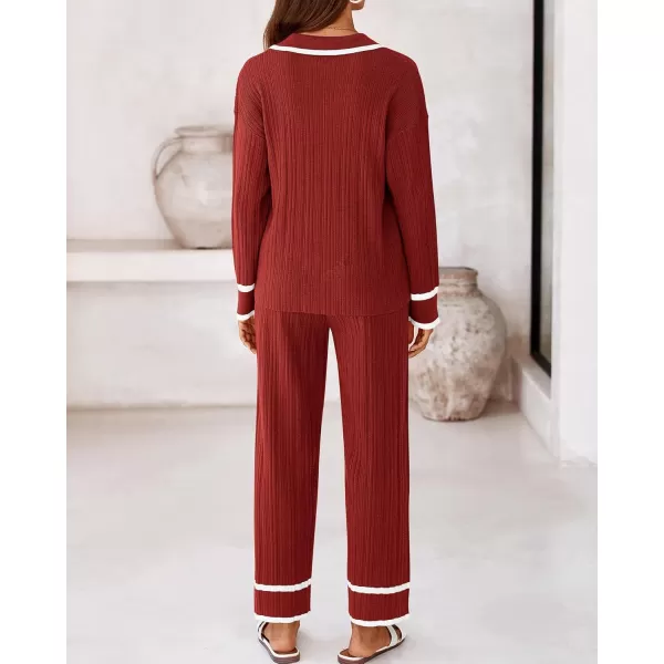 BTFBM Womens 2 Piece Outfits Fall Winter 2024 Long Sleeve V Neck Sweater and Wide Leg Pants Lounge Sets Knit TracksuitsSolid Rust Red