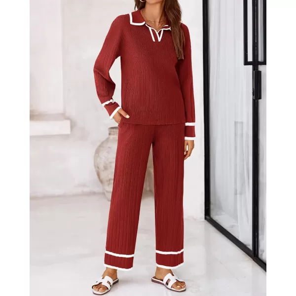 BTFBM Womens 2 Piece Outfits Fall Winter 2024 Long Sleeve V Neck Sweater and Wide Leg Pants Lounge Sets Knit TracksuitsSolid Rust Red