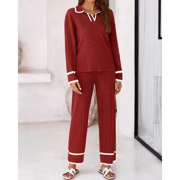 BTFBM Womens 2 Piece Outfits Fall Winter 2024 Long Sleeve V Neck Sweater and Wide Leg Pants Lounge Sets Knit TracksuitsSolid Rust Red