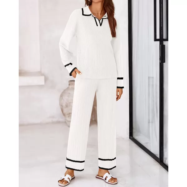BTFBM Womens 2 Piece Outfits Fall Winter 2024 Long Sleeve V Neck Sweater and Wide Leg Pants Lounge Sets Knit TracksuitsSolid White