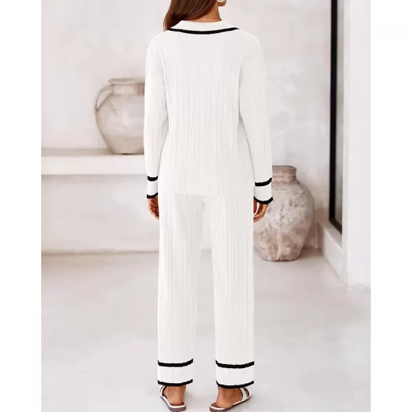 BTFBM Womens 2 Piece Outfits Fall Winter 2024 Long Sleeve V Neck Sweater and Wide Leg Pants Lounge Sets Knit TracksuitsSolid White