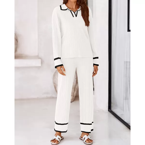 BTFBM Womens 2 Piece Outfits Fall Winter 2024 Long Sleeve V Neck Sweater and Wide Leg Pants Lounge Sets Knit TracksuitsSolid White