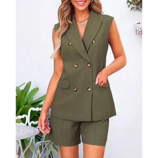 BTFBM Womens Casual Sleeveless Blazer Vest Shorts Sets Lapel V Neck Button Down Office 2 Piece Lounge Matching SetsSolid Army Green
