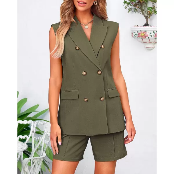 BTFBM Womens Casual Sleeveless Blazer Vest Shorts Sets Lapel V Neck Button Down Office 2 Piece Lounge Matching SetsSolid Army Green