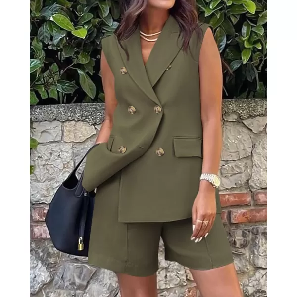 BTFBM Womens Casual Sleeveless Blazer Vest Shorts Sets Lapel V Neck Button Down Office 2 Piece Lounge Matching SetsSolid Army Green