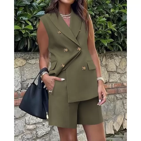 BTFBM Womens Casual Sleeveless Blazer Vest Shorts Sets Lapel V Neck Button Down Office 2 Piece Lounge Matching SetsSolid Army Green