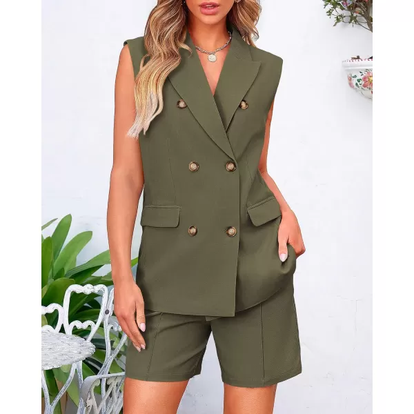 BTFBM Womens Casual Sleeveless Blazer Vest Shorts Sets Lapel V Neck Button Down Office 2 Piece Lounge Matching SetsSolid Army Green