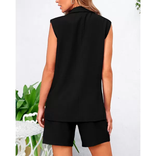 BTFBM Womens Casual Sleeveless Blazer Vest Shorts Sets Lapel V Neck Button Down Office 2 Piece Lounge Matching SetsSolid Black