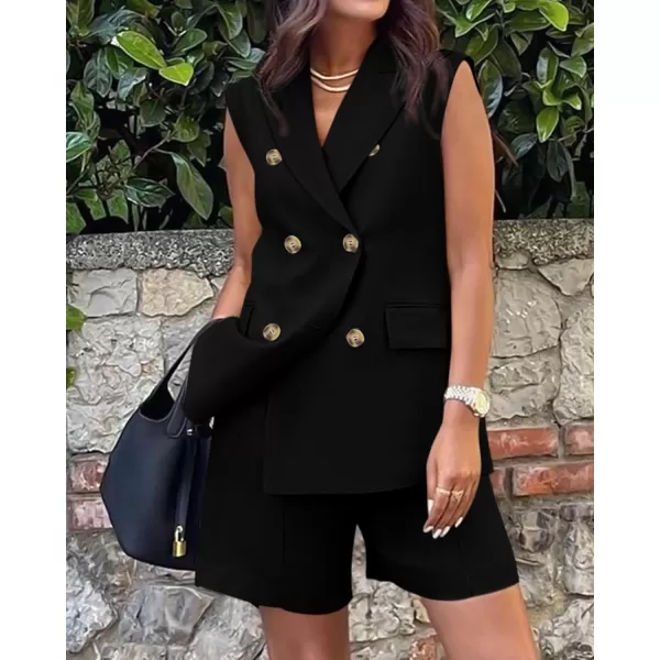 BTFBM Womens Casual Sleeveless Blazer Vest Shorts Sets Lapel V Neck Button Down Office 2 Piece Lounge Matching SetsSolid Black