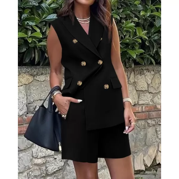 BTFBM Womens Casual Sleeveless Blazer Vest Shorts Sets Lapel V Neck Button Down Office 2 Piece Lounge Matching SetsSolid Black