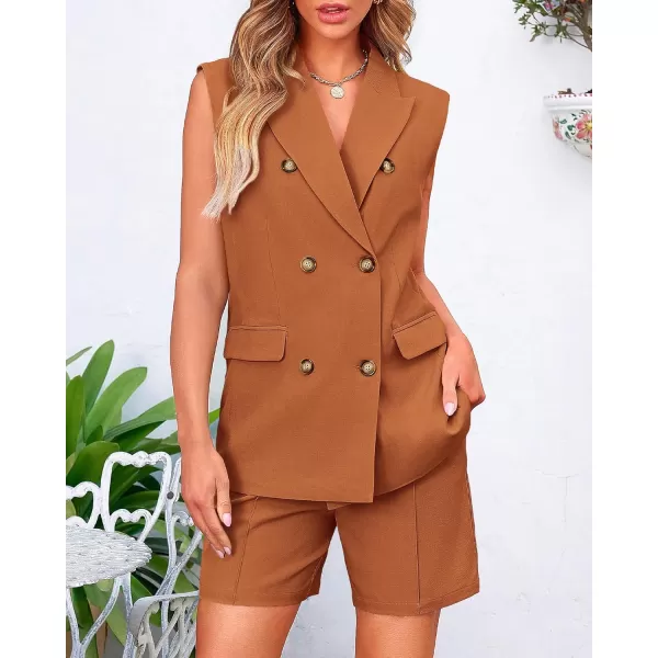BTFBM Womens Casual Sleeveless Blazer Vest Shorts Sets Lapel V Neck Button Down Office 2 Piece Lounge Matching SetsSolid Brick Red