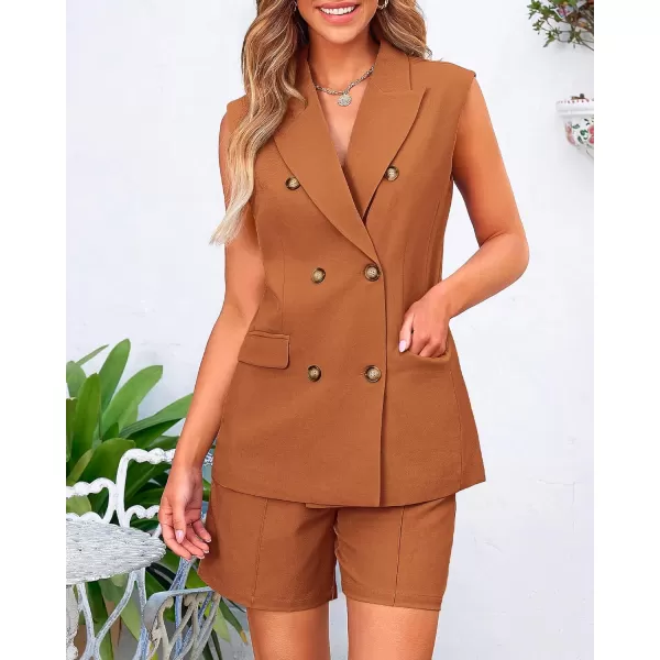 BTFBM Womens Casual Sleeveless Blazer Vest Shorts Sets Lapel V Neck Button Down Office 2 Piece Lounge Matching SetsSolid Brick Red