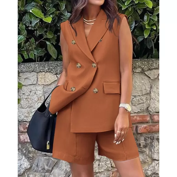 BTFBM Womens Casual Sleeveless Blazer Vest Shorts Sets Lapel V Neck Button Down Office 2 Piece Lounge Matching SetsSolid Brick Red