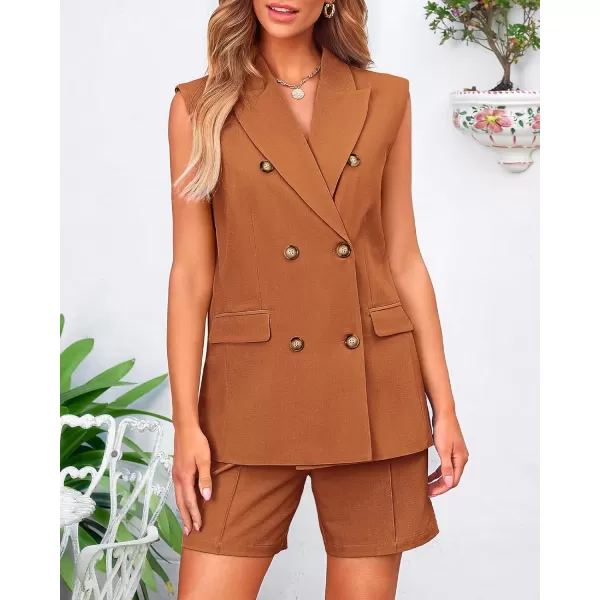 BTFBM Womens Casual Sleeveless Blazer Vest Shorts Sets Lapel V Neck Button Down Office 2 Piece Lounge Matching SetsSolid Brick Red