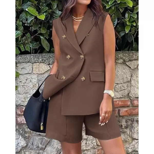 BTFBM Womens Casual Sleeveless Blazer Vest Shorts Sets Lapel V Neck Button Down Office 2 Piece Lounge Matching SetsSolid Coffee