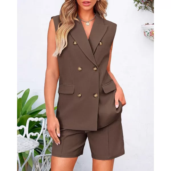 BTFBM Womens Casual Sleeveless Blazer Vest Shorts Sets Lapel V Neck Button Down Office 2 Piece Lounge Matching SetsSolid Coffee