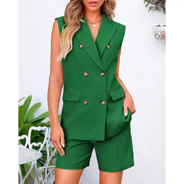BTFBM Womens Casual Sleeveless Blazer Vest Shorts Sets Lapel V Neck Button Down Office 2 Piece Lounge Matching SetsSolid Green