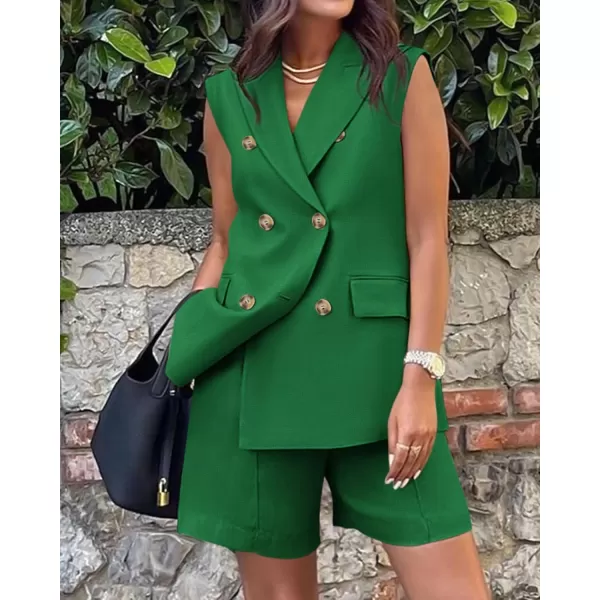 BTFBM Womens Casual Sleeveless Blazer Vest Shorts Sets Lapel V Neck Button Down Office 2 Piece Lounge Matching SetsSolid Green